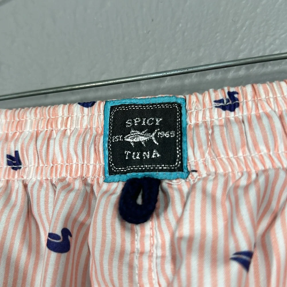 Spicy Tuna Pink Coral & White Striped Duck Print Men's Swim Trunks Size … - Picture 9 of 10